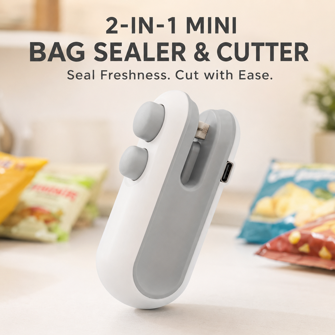 2 in 1 USB Rechargeable Magnetic Bag Sealer with Cutter & Long Lasting Battery.